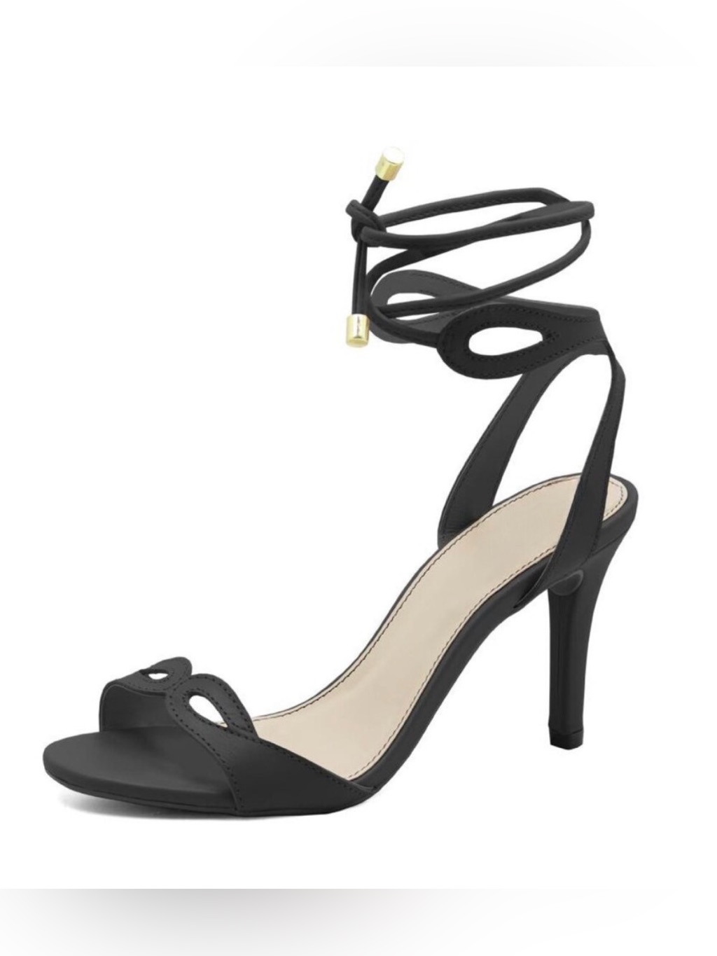 New Designer Open Toe -Tie Up Black Leather Heel